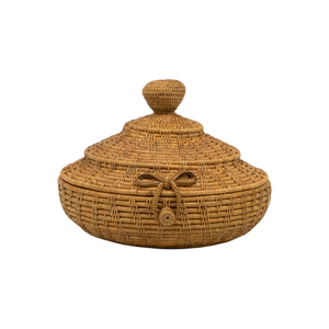 Cesta Redonda de Mimbre Tejida a Mano con Tapa con Lazo Decorativo, Caja de Mimbre Tradicional para Joyas, Decoración de Encimera de Fibra Natural - Product Image 1