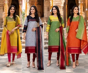 Women Traditional Cotton Kurta Dupatta Orange Green <b>Red</b> Border Work Loose Fit Casual Wear India Pakistan 86119 SI:-400 - Product Image 3