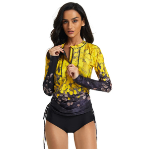 Camiseta Deportiva de Manga Larga para Mujer, Protección UV, Estampado Amarillo y Negro, Spandex y Poliéster, Top de Natación, Manga Completa, Superventas 2026 - Product Image 2