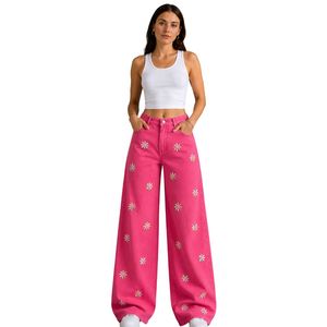 Vaqueros anchos de mujer de cintura alta con bordado floral rosa intenso, corte holgado, estilo casual urbano, personalizados. - Product Image 1