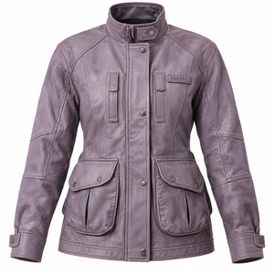 <b>Womens</b> Purple Leather Field Jacket Stand Collar Utility Pocket Zipper <b>Outerwear</b> Casual Retro Trucker Biker Windproof Coat - Product Image 1