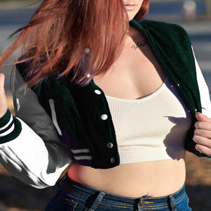 Veste courte universitaire pour femme, vert foncé, style Letterman, manteau bomber avec manches en similicuir, vêtement d'extérieur décontracté, mode féminine - Product Image 2