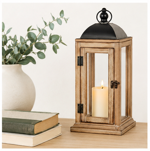 Lanterne rustique en bois de style ferme avec dessus en métal noir, grand porte-bougie décoratif pour centres de table de mariage - Product Image 6