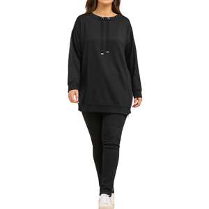 Sweat-shirt pour femmes grandes tailles, automne/hiver, noir, luxe, détails argentés, fermeture éclair, manches longues à revers, cordon de serrage en chevrons - Product Image 4