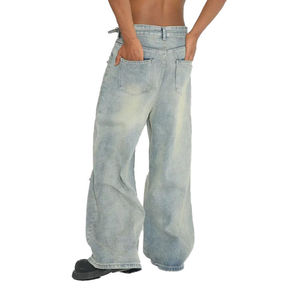 Jeans vintage déchirés à jambe large pour hommes, coupe ample, en denim vieilli, avec rivets, style streetwear hip-hop, vente en gros - Product Image 2