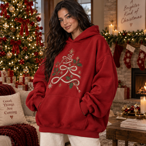 <b>Red</b> Christmas Embroidered Hoodie Unisex Oversized Fleece Pullover <b>Ribbon</b> Tree Sweatshirt Winter - Product Image 4