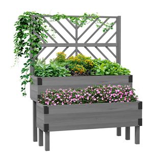 Scatola da giardino in legno a 2 livelli grigio solido con gambe e angoli in metallo per erbe di fiori vegetali-fori di drenaggio durevoli - Product Image 1