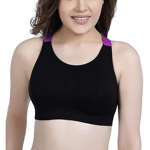 Sujetador deportivo para mujer, espalda cruzada, negro con ribete morado, sin aros, copa completa, transpirable, sin costuras, tejido, ropa deportiva, lavable a máquina - Product Image 5