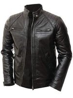 Blouson moto homme en cuir véritable, coupe slim, longueur standard, noir uni, avec logo frontal, col montant et fermeture éclair, coupe-vent