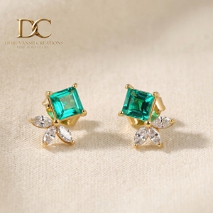 Modern 14KT Solid Yellow Gold Lab Grown Diamond and Colombian <b>Emerald</b> <b>Studs</b> <b>Earrings</b> IGI Certified Stylish Gift Women Jewellery - Product Image 2