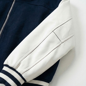 Navy Wool Body Varsity <b>Jacket</b> with <b>White</b> Leather Sleeves | Classic Letterman Bomber | OEM Custom Private Label - Product Image 5