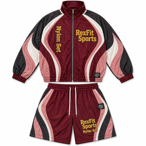 Ensemble court en nylon personnalisé, veste zippée intégrale, short à rayures personnalisées, logo personnalisé, streetwear unisexe, ensemble deux pièces - Product Image 3