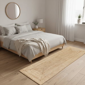 Tapis rectangulaire bohème en jute tressé, couleur unie, antidérapant, pour salon, à poils plats et fins, 100 % matériau organique - Product Image 5