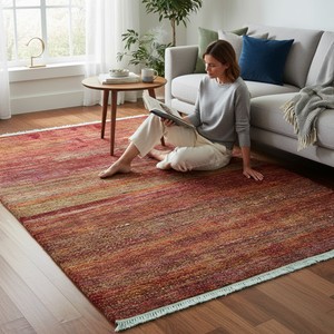 Modern Hand-Knotted Gabbeh Style Textured <b>Wool</b> Area Rug Rich Terracotta <b>Red</b> & Copper Abrash with Fringes Low Pile - Product Image 1