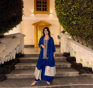 Blue Silk Kurta Palazzo Suit Embroidery Work <b>Indian</b> 3PCS Salwar Kameez <b>Top</b> Bottom Dupatta Winter Party Modest punjabi suits wome - Product Image 1