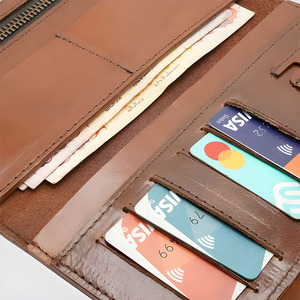 Dark Brown Curved Flap Tri-fold <b>Long</b> <b>Wallet</b> For Men Genuine Leather Pocketbook With Zipper Pocket Card Slots Dual Snap Button - Product Image 3