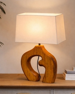 Abstract hollow sculpted wood <b>table</b> lamp rectangular fabric shade hand carved arch base <b>bedside</b> light for bedroom living room - Product Image 3