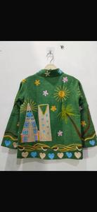 Green Hand Embroidered Floral Stripe Velvet Button up Collar Full Sleeve Summer Vacation Style Women's Jacket <b>GIFT</b> HER - Product Image 1