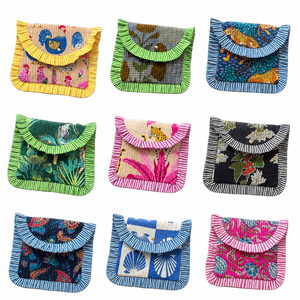 Pochette artisanale indienne imprimée au bloc, en coton matelassé avec bordure à volants, sac à cosmétiques écologique, imprimé tigre, durable, taille 11" x 9" - Product Image 6