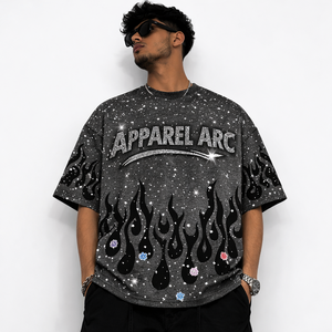 T-shirt Homme Imprimé Flamme Strass Personnalisé Galaxie Streetwear Oversize Fabrication OEM - Product Image 1