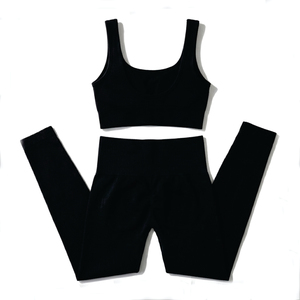 <b>Black</b> 2 Piece Yoga Set Scoop Neck Racerback Crop <b>Top</b> High Waist Seamless Shorts Solid Color Spandex Polyester - Product Image 1