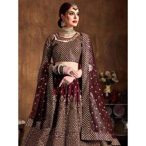 Charmant sequins marron en soie brute réception porter Lehenga Choli - Product Image 4