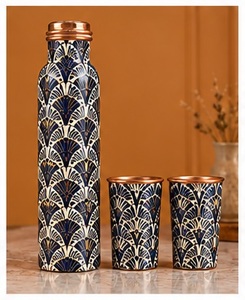 Ensemble de bouteilles d'eau esthétiques à imprimé oiseaux et fleurs avec couvercle en cuivre et 2 tasses – Vaisselle portable - Product Image 2