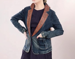Western Leather Jacket Western Sport Jacket Women Sport <b>Blazer</b> Womens Leather Jacket Women Denim Coat with Hand Tooling Carving - Product Image 1