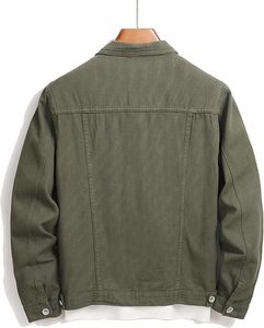 Men's Olive Green <b>Denim</b> Jacket Stand Collar Casual Slim Fit Single Breasted Button Closure Washed Cotton <b>Material</b> - Product Image 2