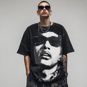 Camiseta de Doble Capa con Pedrería para Hombre, Estilo Urbano de Verano, Hombros Caídos - Product Image 4