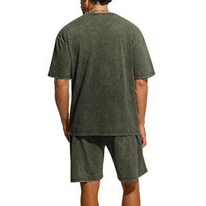 Conjunto de dos piezas para hombre, lavado ácido, talla grande, con logo personalizado serigrafiado, hombros caídos, camiseta y pantalones cortos, superventas para hombre. - Product Image 3