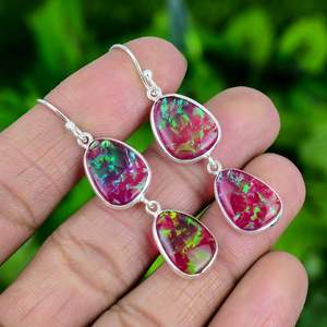 Boucles d'oreilles en opale rose feu, argent sterling 925, opale feu triple fait main, bijoux en pierres précieuses, cadeau pour femme - Product Image 1