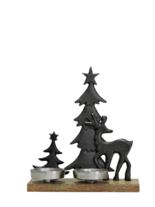 Artesign Porte-bougie double en aluminium nickel noir mat, motif sapin de Noël et renne, durable, moderne, décor de table festif pour les fêtes - Product Image 1