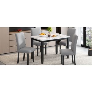 El juego de comedor TREXM de 5 piezas blanco/gris claro incluye una mesa de cojín grueso y 4 sillas, muebles para el hogar con detalles en negro - Product Image 6