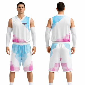 ชุดเสื้อบาสเก็ตบอลทรงเรขาคณิตสีขาวแบบกำหนดเองสำหรับผู้ชาย ชุดกีฬาแขนกุด ระบายอากาศได้ดี แห้งเร็ว ชุดฝึกซ้อม - Product Image 1