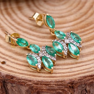 Natural Emerald and <b>Diamond</b> Gemstone Drop <b>Dangle</b> <b>Earrings</b> in 14k Yellow Gold Handmade Jewelry for Wedding Gift and Wholesale - Product Image 3