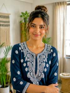 Kurti de seda crepé francés con bordado de hilo de diseño elaborado y conjunto de pantalón palazzo de seda crepé francés con bordado de hilo. - Product Image 4