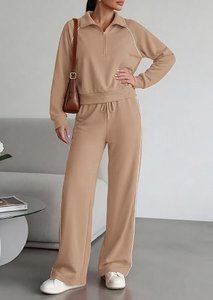 Ensemble sweat-shirt beige à demi-zip coupe ample en tricot couleur unie décontracté pour l'automne avec poches et pantalon à cordon de serrage - Product Image 2
