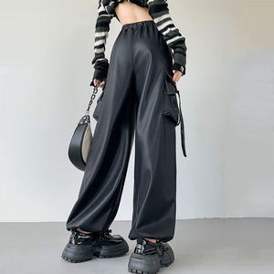 Plus Size Women's High Waist PU Coated Breathable <b>Cargo</b> <b>Pants</b> Solid Color Loose Fit Full Length Autumn Streetwear Style XL - Product Image 2