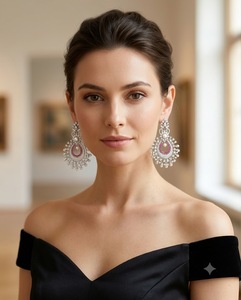 ต่างหูเงินชุบประดับมุกและเพชรทรงอเมริกันสุดหรู ดีไซน์สวยงาม เหมาะสำหรับงานปาร์ตี้ สไตล์ชาติพันธุ์ แฟชั่นต่างหู AD สำหรับผู้หญิง คอลเลคชั่นพิเศษ - Product Image 2