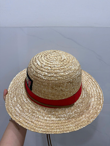 Boho Character Printed <b>Straw</b> Boater <b>Hat</b> Wide Brim Summer Beach Outdoor Sun Protection Unisex Adult Red Ribbon - Product Image 1