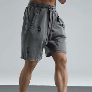 Shorts Bermuda déchirés gris en coton pour homme, taille mi-haute avec cordon de serrage, décontractés, en tissu tricoté respirant avec poches - Product Image 3