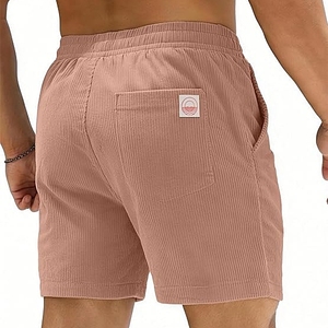 Men's Pink Corduroy Drawstring Shorts Casual Solid Color Mid Waist Breathable Pockets Style - Product Image 2