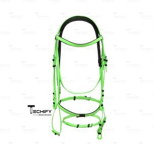 Bridon d'anglaise en PVC bicolore personnalisé avec rênes confortables et durables |   Ensemble de bridonnettes d'équitation synthétiques vert néon imperméables - Product Image 2