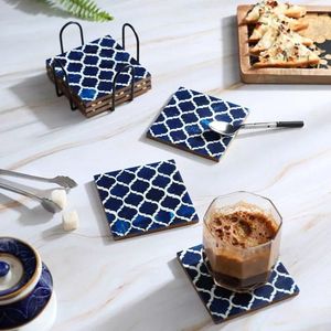 Ensemble de sous-verres carrés en bois modernes avec motif marocain, tapis de table antidérapants pour la décoration de la table à café et à manger - Product Image 1