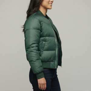 Blouson bomber matelassé vert pour femme, manches longues, col montant, fermeture éclair, vêtement d'hiver, couleur unie, rembourrage en polyester - Product Image 3