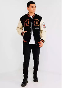 Custom Black Wool Varsity <b>Jacket</b> Men Beige <b>Leather</b> Sleeve Racing Patch Bomber <b>Jacket</b> Wholesale Letterman Baseball - Product Image 2