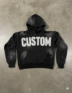 Sudadera con capucha de algodón grueso personalizada con cremallera, apliques bordados desgastados, corte holgado, estilo vintage, lavado ácido, con pedrería - Product Image 1