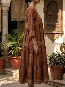 Vestido midi étnico de algodón color marrón óxido para mujer, estampado a mano, con cuello en V y mangas 3/4, vestido midi informal para mujer - Product Image 2