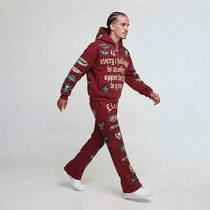 Chándal de hombre con capucha y cremallera, bordado, con cremallera completa, estampado de letras, estilo urbano, joggers de corte holgado, 100% algodón, chándal acampanado. - Product Image 4